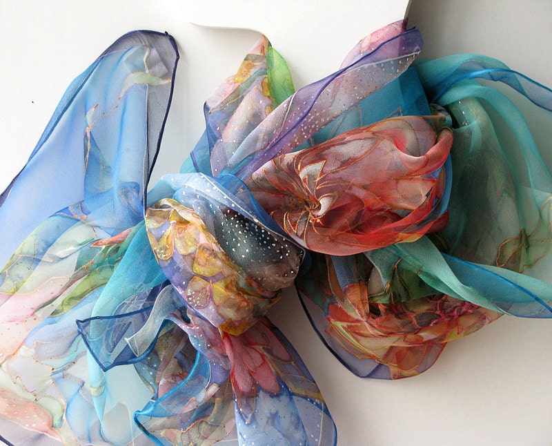 Silk Scarf hand painted on natural chiffon silk Floral blues