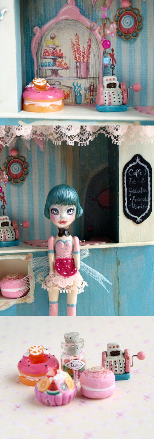 Cupcake Queen ooak art doll and Candy Shop diorama - original miniatures in dollhouse scale by KarolinFelix