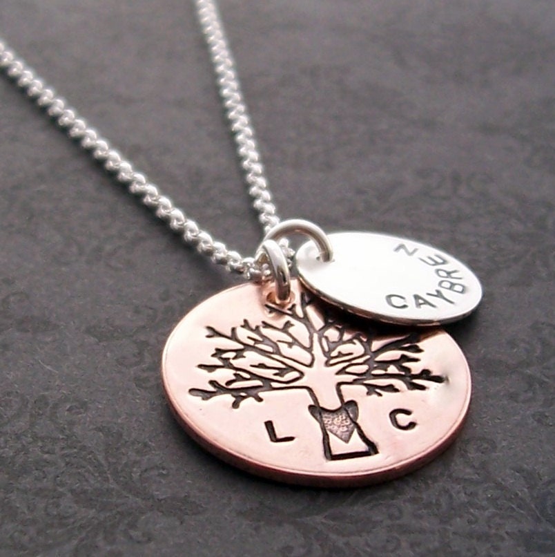 Oak Tree - Copper Love Tree Plus One Name or Date for Mom - Custom Hand Stamped and Personalized Sterling Silver by Eclectic Wendy Designs