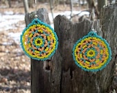 Huichol Lace Mandala Beaded Earrings, Turquoise, Peach, and Yellow
