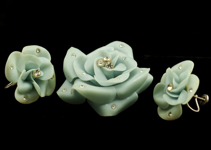 Vintage Light Blue Plastic Rose Brooch and Earrings