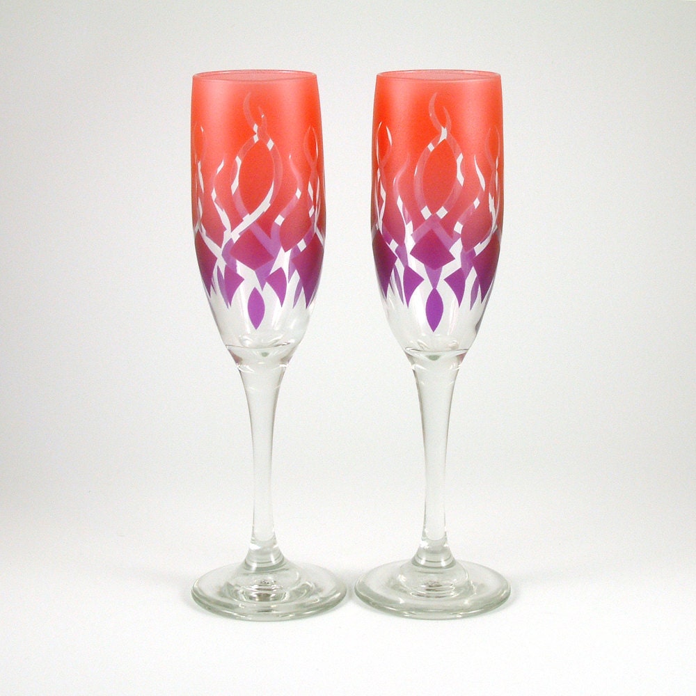 Etched Champagne Flutes - Strands - Red and Purple - Custom Painted Glass