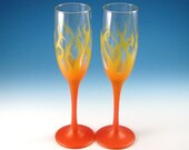 Champagne Flutes - Painted and Etched - Tribal Flames design - Yellow Orange with Gold Flake
