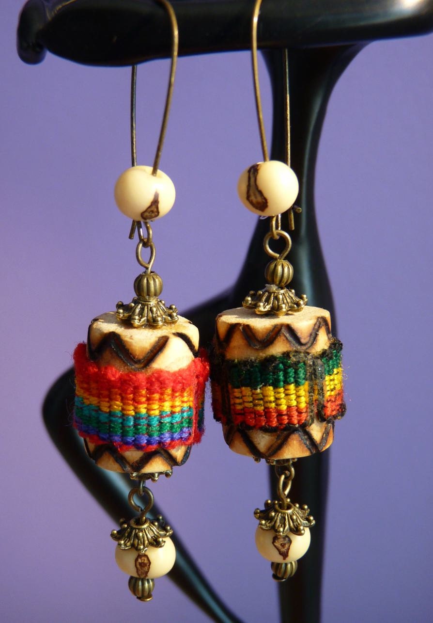 Wood Earrings Drums Multicolor Antique Bronze same but different