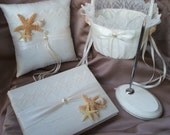4 pc Elegant Bridal Lace Beach Theme Ivory Pearl Wedding Ring Bearer Pillow Flower Girl Basket Guest Book Pen Stand Starfish Seashell Sash