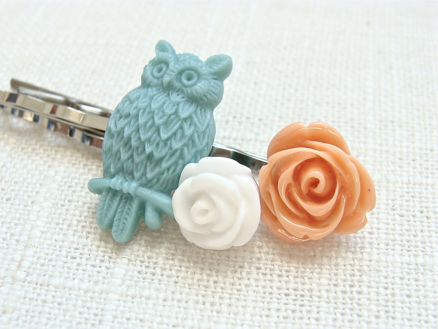 Trio of silver hair pins.  Owl and flowers multi color bobby pins.