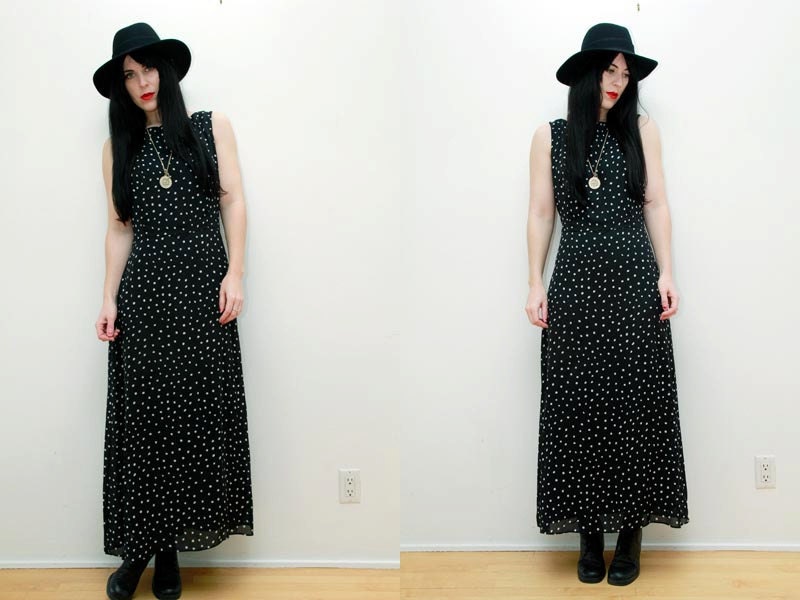 Vintage Black Nautical Polka Dot Grunge Maxi Dress 90s