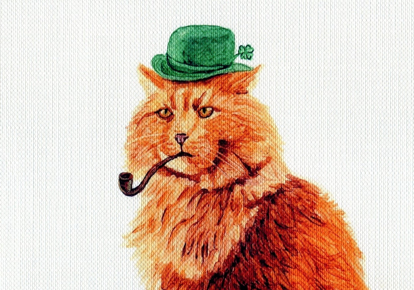 St Patricks Day Card Cat, 5x7 Art Print, Orange Cat with Pipe and Hat