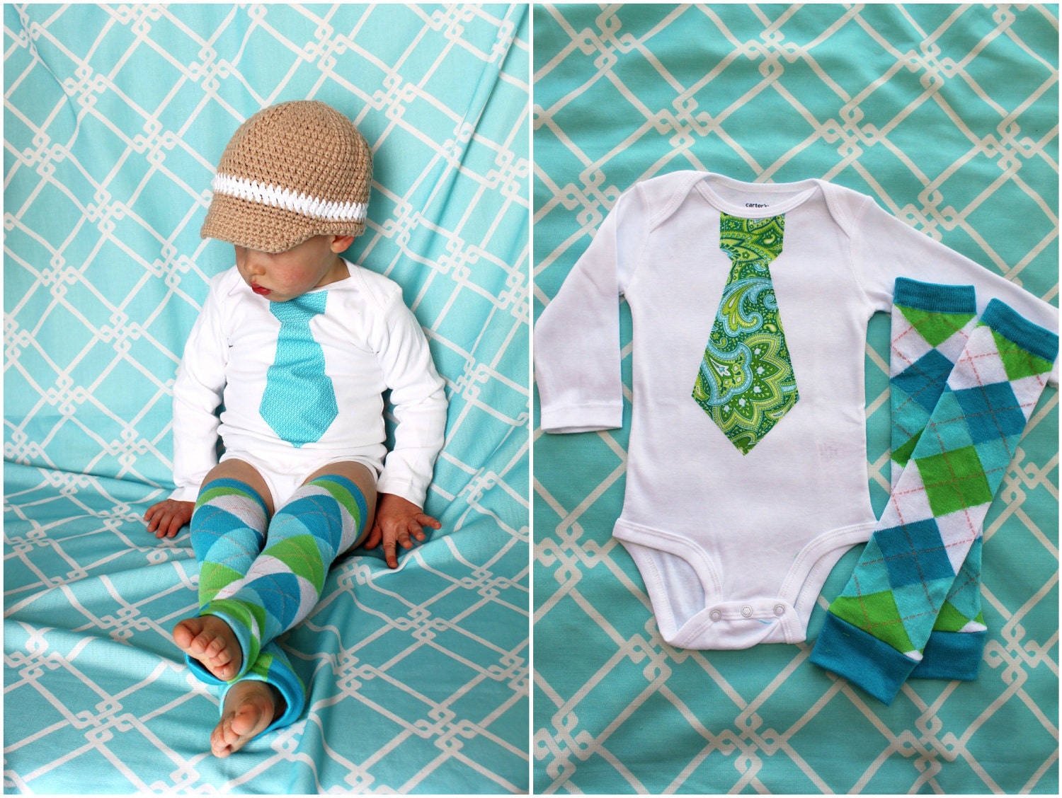 Aqua and Teal Blue with Lime Green Argyle Leg Warmers and Paisley Tie Onesie SET. OR Any Tie, and Leg Warmers.  Father's Day, New Baby