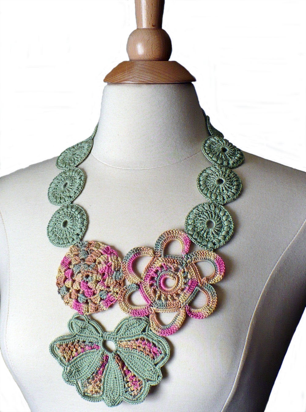 Crochet Necklace Irish Lace Crochet Flower Statement Necklace Pink Sage Ecru Pale Yellow