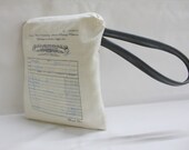 Zippered Wristlet Pouch Linen Screenprinted leather strap vegan