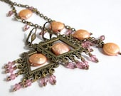 Vintage Peach Pink Flapper Jewelry Chandelier Earrings Necklace Set - LunaEssence