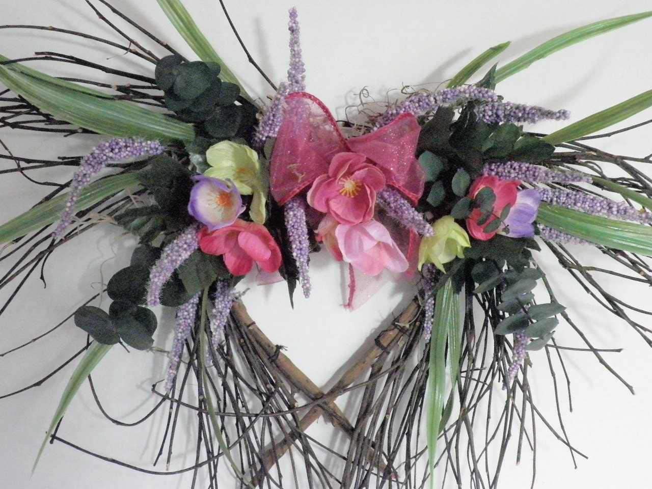 Wreath, twig heart, spring silk flowers, shabby chic wall hanging for rustic home decorating
