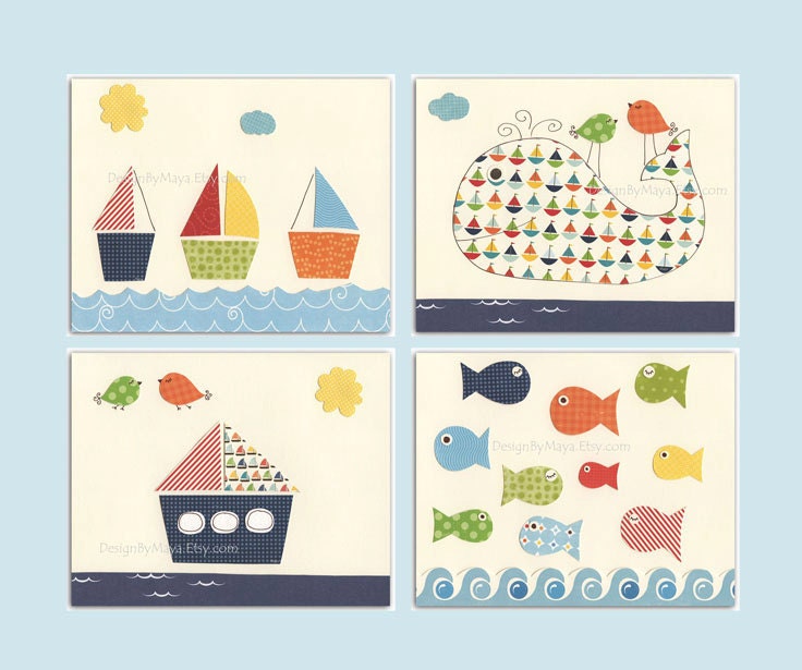 Nursery wall art, Baby room print, Nursery Decor, Art for Kids Room...Sea set of 4 8x10, boat, whale, fist, nautical prints, baby boats
