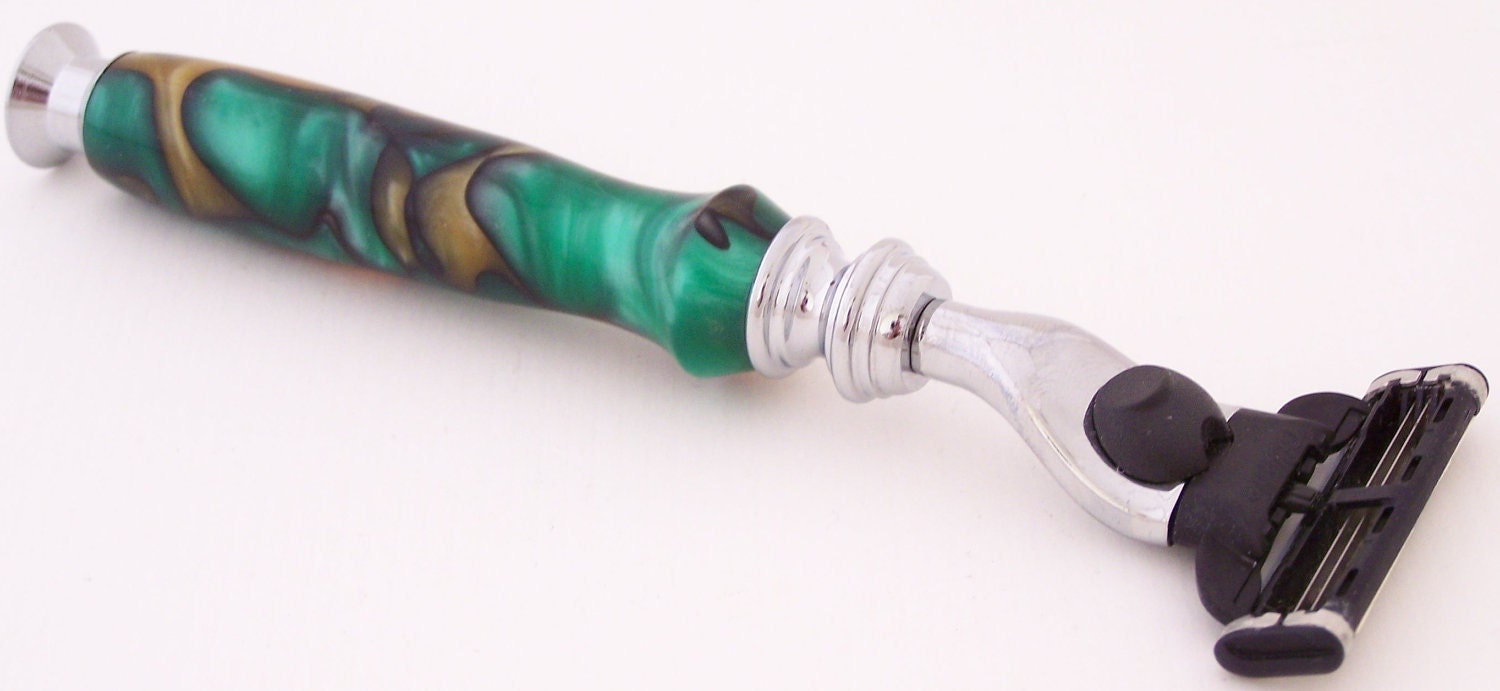 Green/Gold Swirl Acrylic Mach 3 Razor Shaving Handle (Handmade in USA)