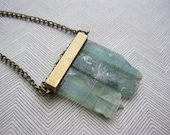Green blue raw fluorite crystal minimalist necklace with brass bar - OOAK crystal jewelry