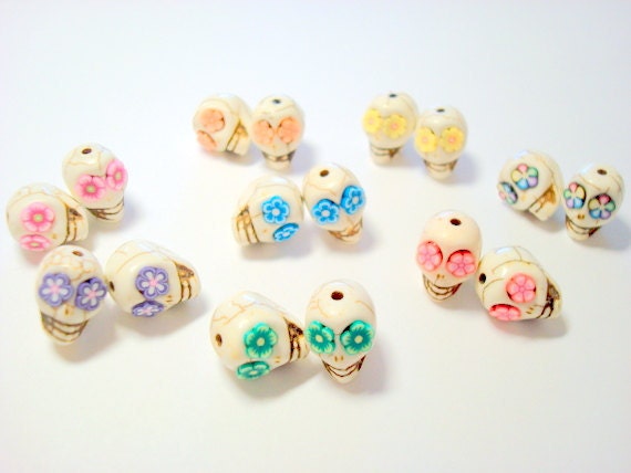 Every Color Rainbow Flower Howlite Skull 12mm Beads-Variety of Eight Pairs