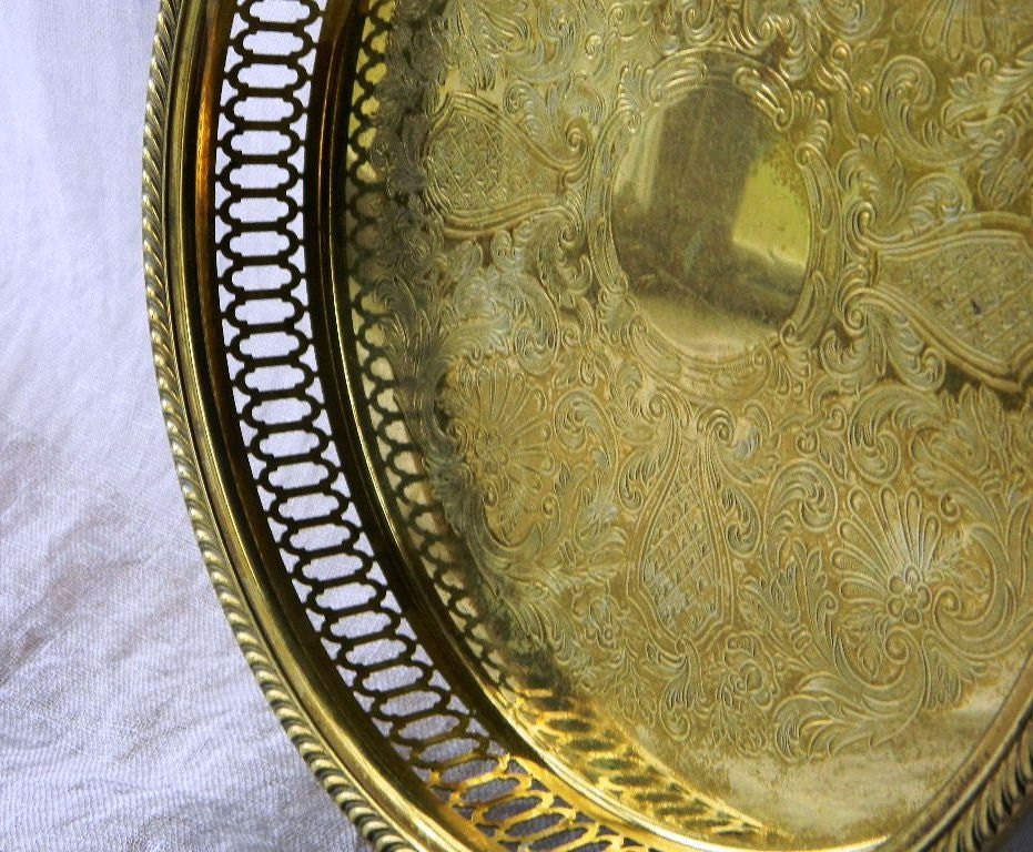 Vintage Chinoisere Round Brass Tray - Hollywood Regency Tray - Serving Tray - Entry Tray