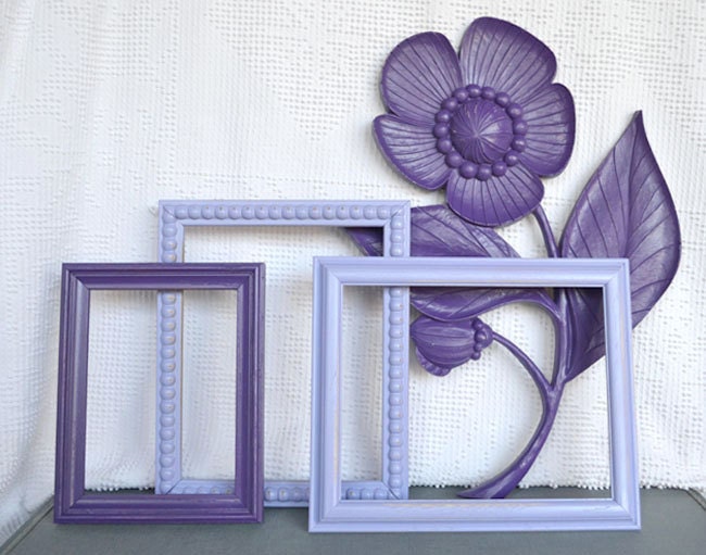 Purple Frames with GLASS and Fun Large Purple Flower Upcycled Painted Frame set with Glass