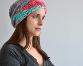 Hand-Knit Hat - Spring - Coral and Turquoise Hand Dyed Yarn - Cashmere and Merino - Ready to Ship