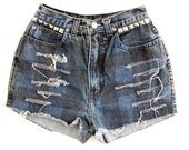 Studded Shorts, Vintage Distressed High Waisted Denim, Upcycled W24