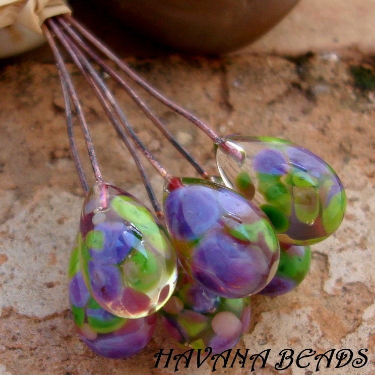 BLOOMING IRIS DROP Head Pins - Set of 6 Handmade Lampwork Head Pins