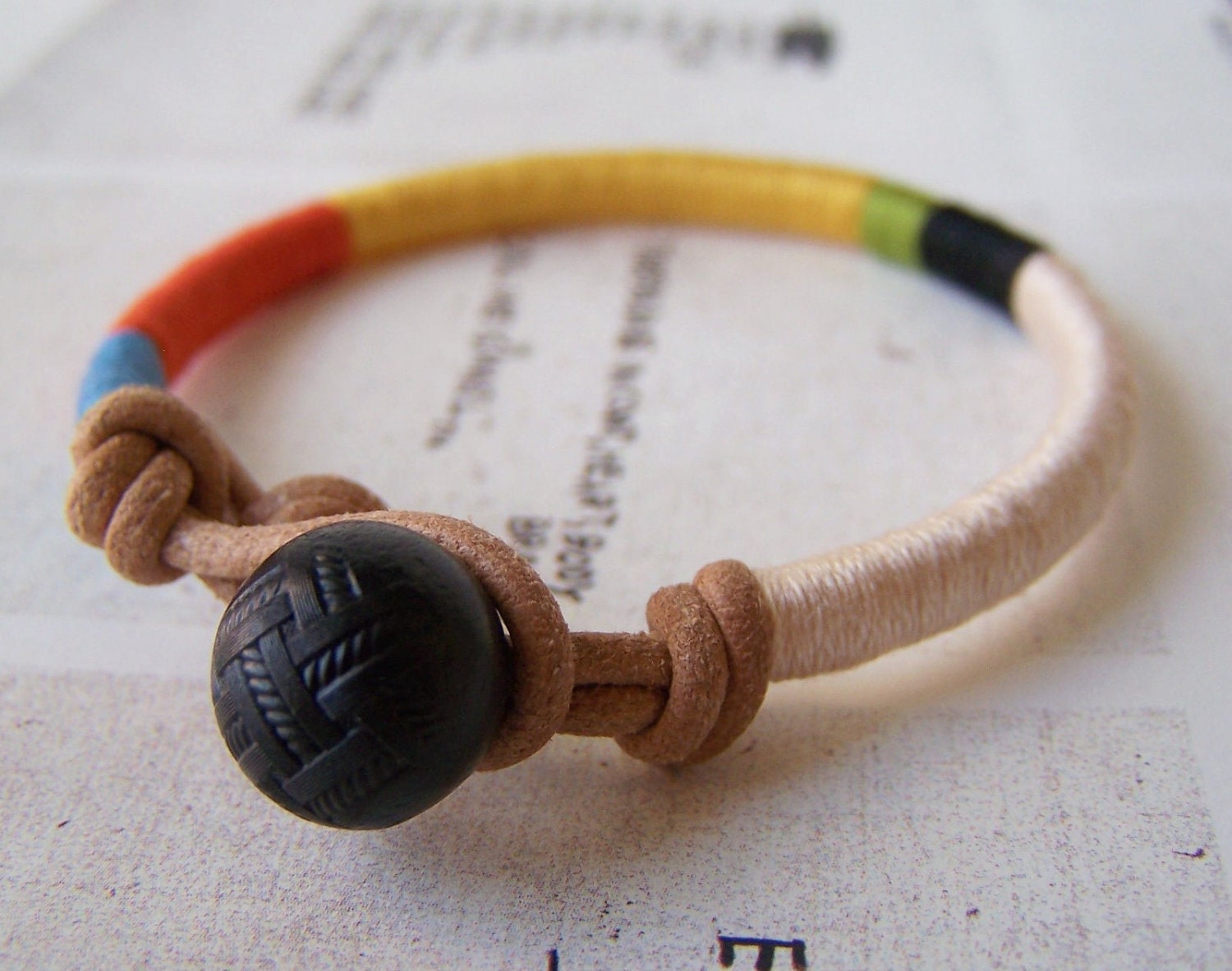 READY TO SHIP - Cooper bracelet - leather wrap, vintage button closure (cornflower pumpkin moss goldenrod ebony buff), handmade jewelry