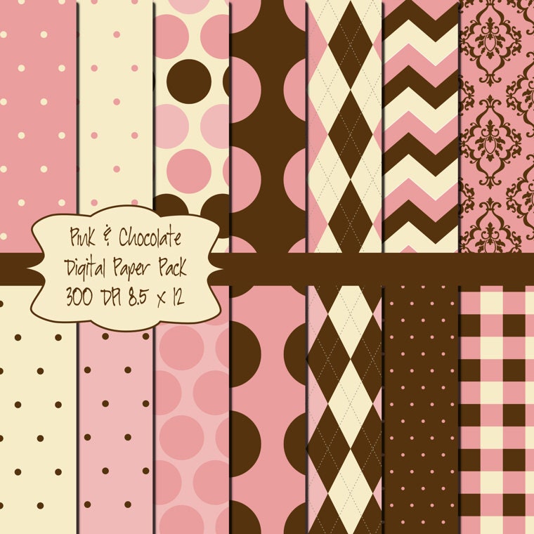 14 Pink and Chocolate Brown Digital Collage Sheets 8.5 x 11 Printable Digital Papers