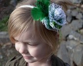 Girls St. Patricks feather and lace flower headband. OOAK
