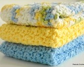 Crochet Dishcloths Kitchen Handmade Cotton Bright Yellow Summer Blue Green Set of 3
