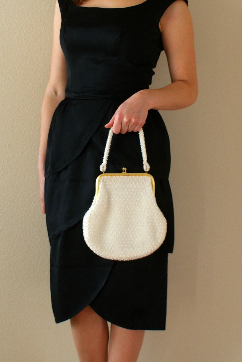 Vintage 1960s Handbag -- Ivory beaded Corde Bead Purse with matching Lipstick Clutch