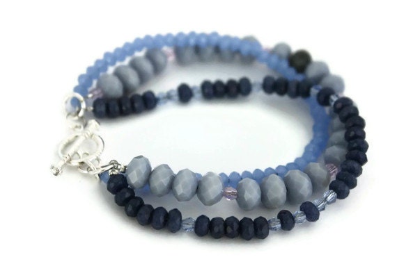 Bracelet grey blue multi layered boho stacked - Ahkriti
