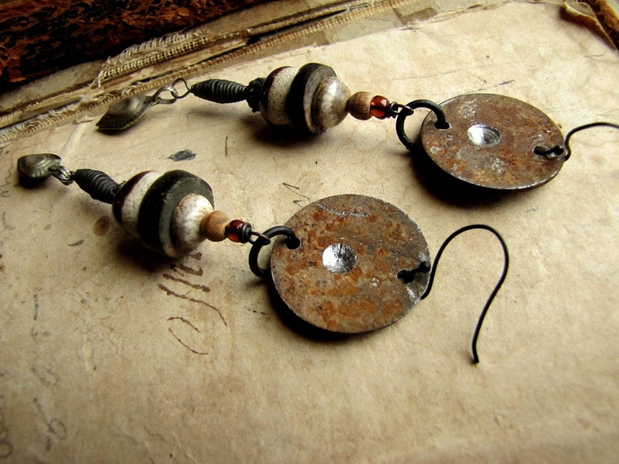 sidero no.2 - rustic salvaged metal, african yoruba brass, stoneware and kuchi charm earrings