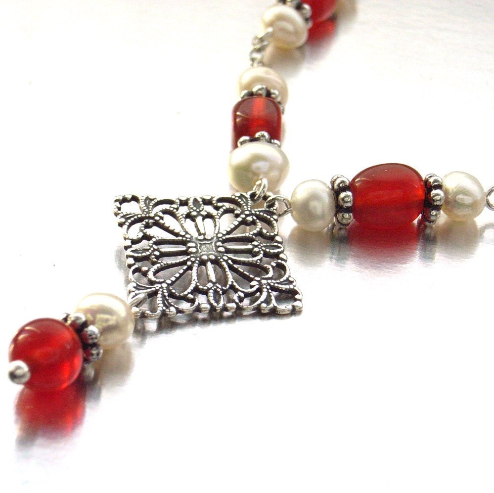 Charm necklace filigree diamond carnelian and freshwater pearl