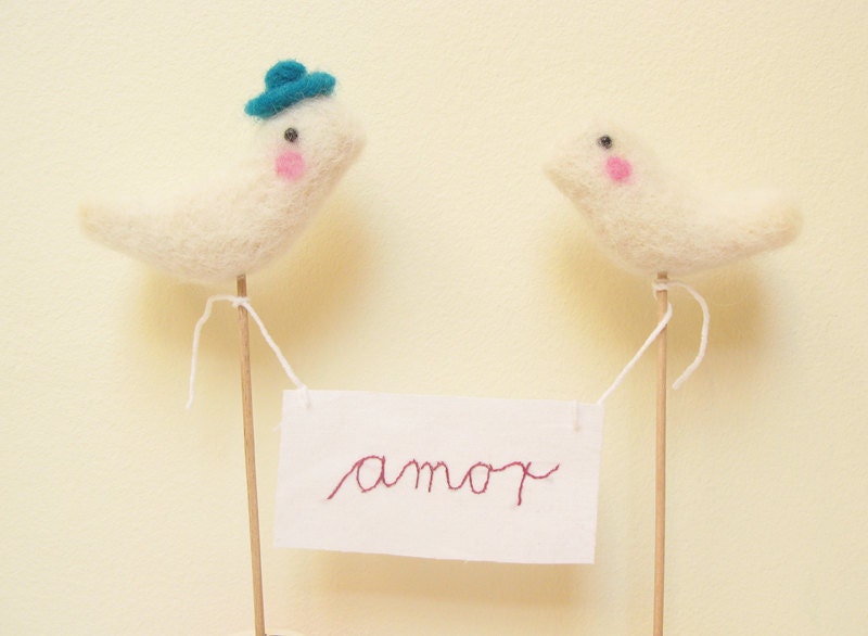 Wedding Cake Topper  Birds Bride and Groom Doves wih Amor Sign Needle Felted Nature Inspired by Cherrytime