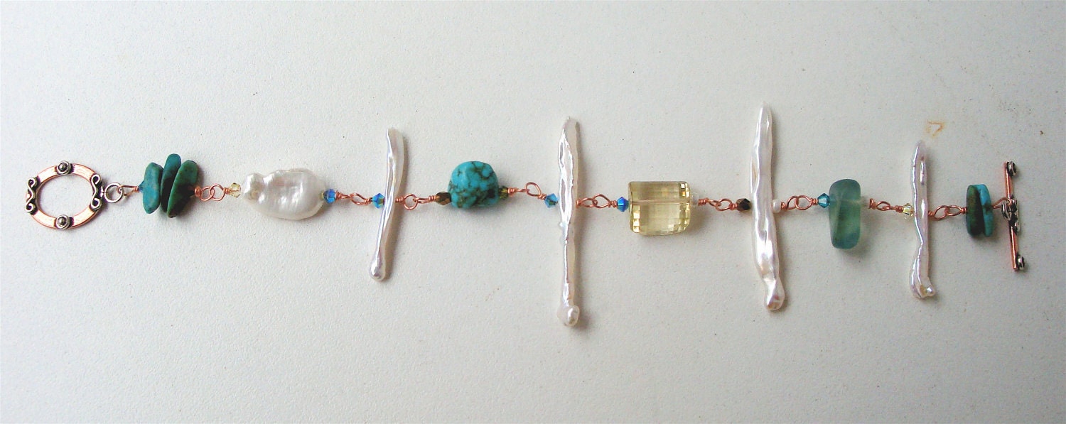 Beautiful and feminine natural gemstone bracelet consisting of Lemon Quartz, Green Tourmaline, white stick Biwa  Pearls, Turquoise