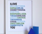 Nursery Art, I Love Belly Buttons, 8x10, Custom Colors, Unframed - BABY TALK MAY 2012