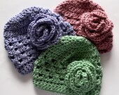 Infant Crochet hat set with interchangeable flower clips. Pink, Purple, Mint. Ready To Ship