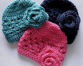 Infant Crochet hat set with interchangeable flower clips. Pink, Navy, Bright Blue. Ready To Ship