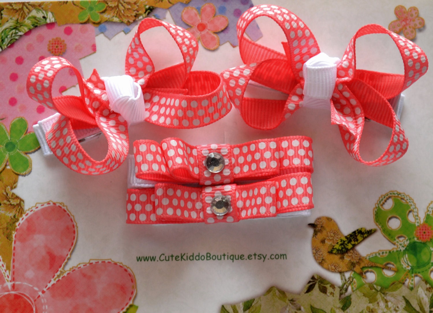 Itty bitty bow clip set. Pink dot print