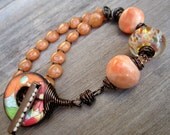 Suspicious Minds - Wood Art Tile, Boro Lampwork Bead, Gaea Handmade Ceramic, Orange Candy Jade & Vintaj Bracelet