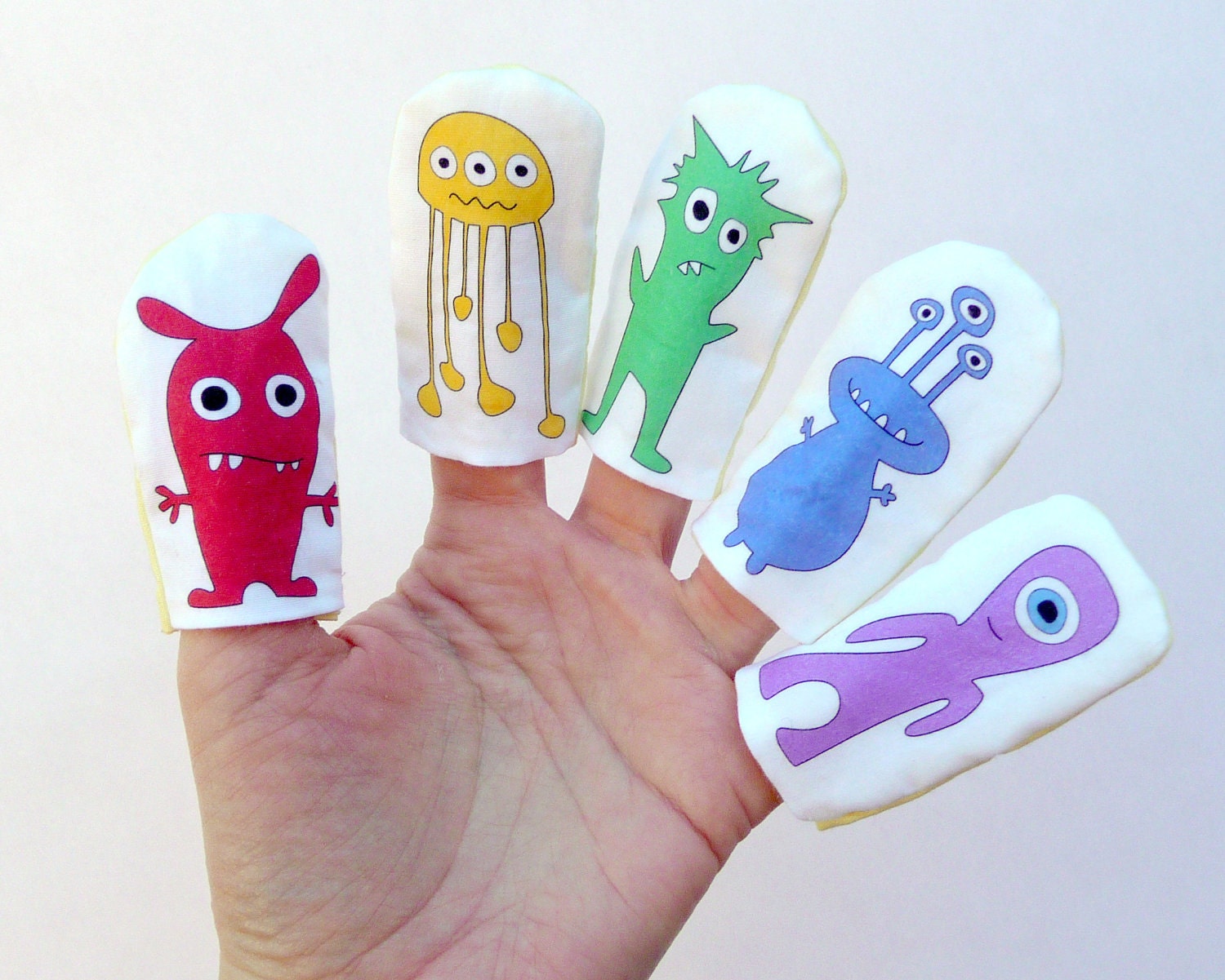NEW: Monster Finger Puppets Printed with Rainbow Colored Designs on Cotton Fabric (5-pack)