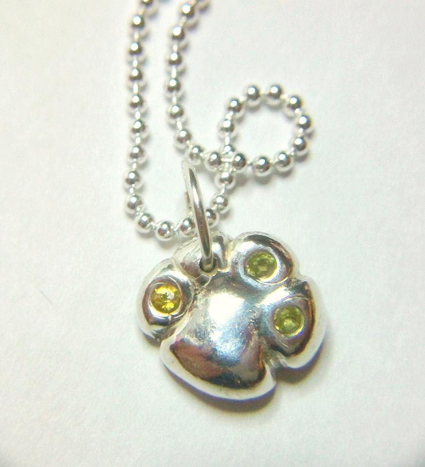 Tiny Paw Print Charm Necklace Sterling Silver Peridot Gemstone
