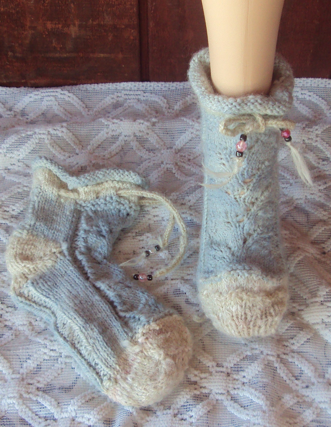 Hand Spun Slipper Socks -- falling leaves, cabbage blue