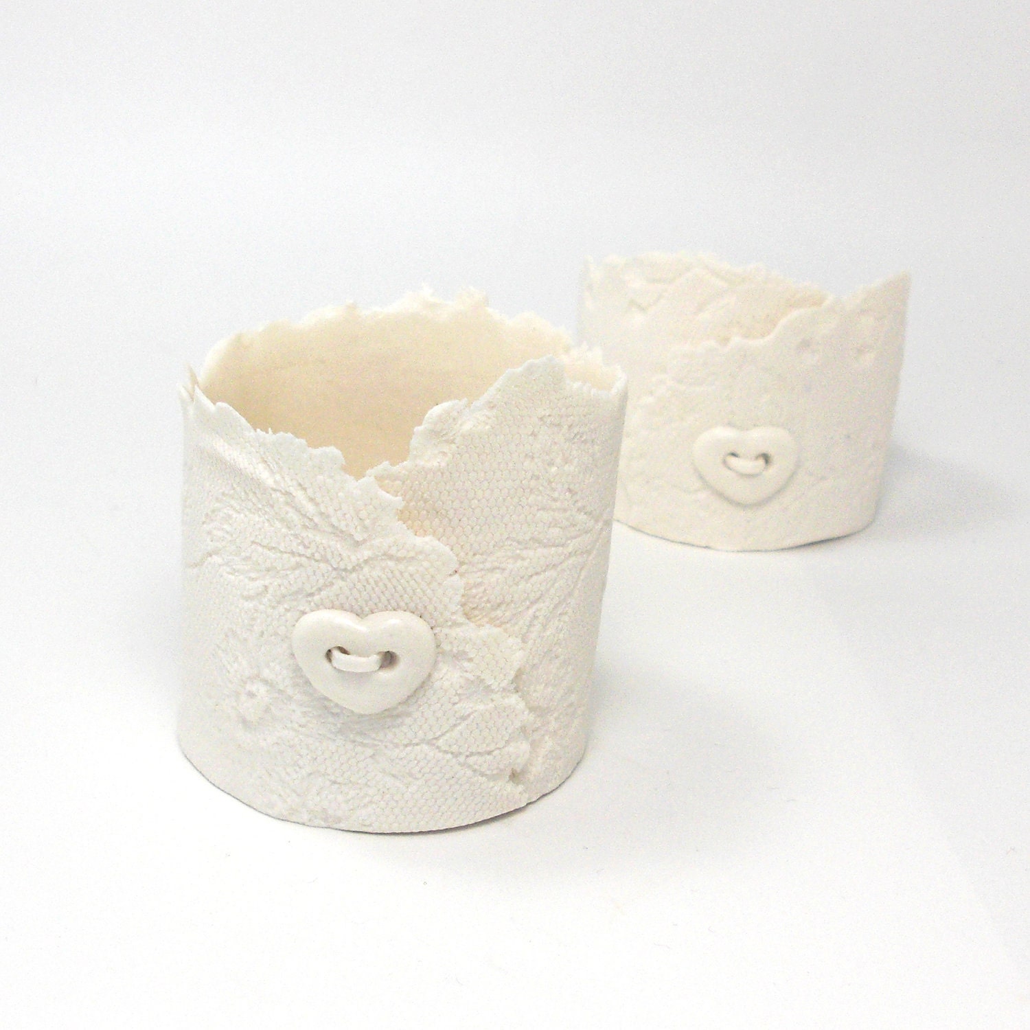 Lacy tea light holder wedding votive white porcelain ceramic heart shaped button uk seller - VanillaKiln