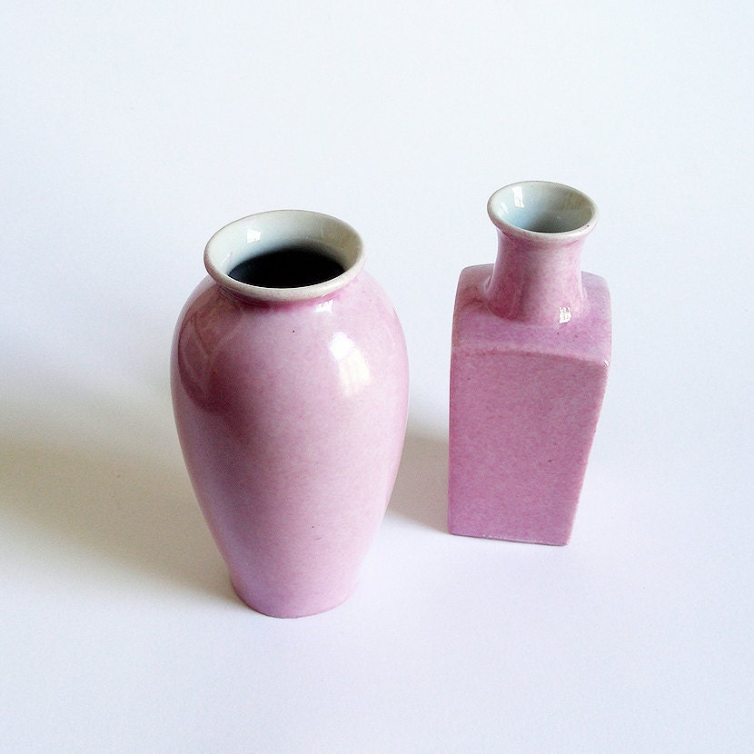 Spring Home Décor - Two Vintage Ceramic Flower Vases - Small Pink Pair