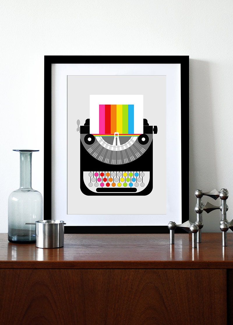 Rainbow typewriter poster print - Rainbow Writer A3 - Mid Century Modern office retro