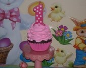 Bubblegum Pink and Chocolate 1st First Birthday Fake Cupcake Polka Dot Number 1 One Candle Photo Prop, Birthday Party Decor, Keepsake