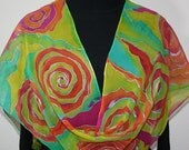 Hand Painted Silk Scarf Wild Roses. Silk Scarf in Pink, Orange and Lime. Size 13x67. Made in Colorado. 100% silk chiffon.