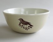rustic bowl in warm gray with early bird on a branch